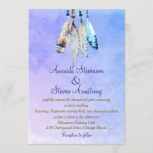 Invitation Aquarelle plumes sur bleu violet Mariage