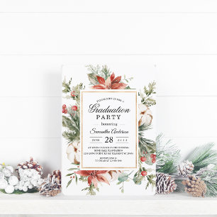Invitation Aquarelle Poinsétitie d'hiver et pin vert