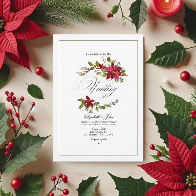 Invitation Aquarelle Poinsettia et Mariage de Noël Holly (Watercolor Poinsettia and Holly Christmas Wedding Invitation)