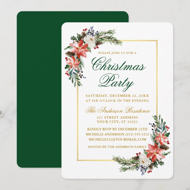 Invitation Aquarelle Poinsettia fête de Noël Or Vert (Devant / Derrière)