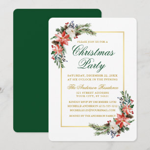 Invitation Aquarelle Poinsettia fête de Noël Or Vert