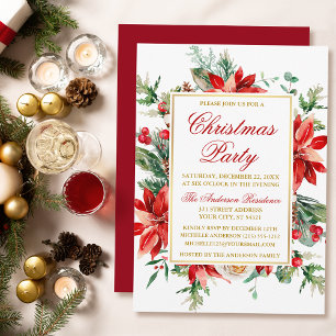 Invitation Aquarelle Poinsettia Floral Noël Party Gold