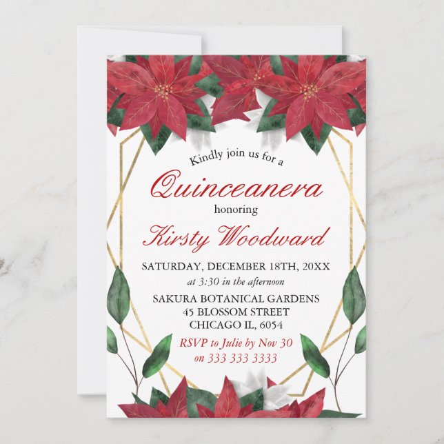 Invitation Aquarelle Poinsettia Floral Noël Quinceanera (Devant)