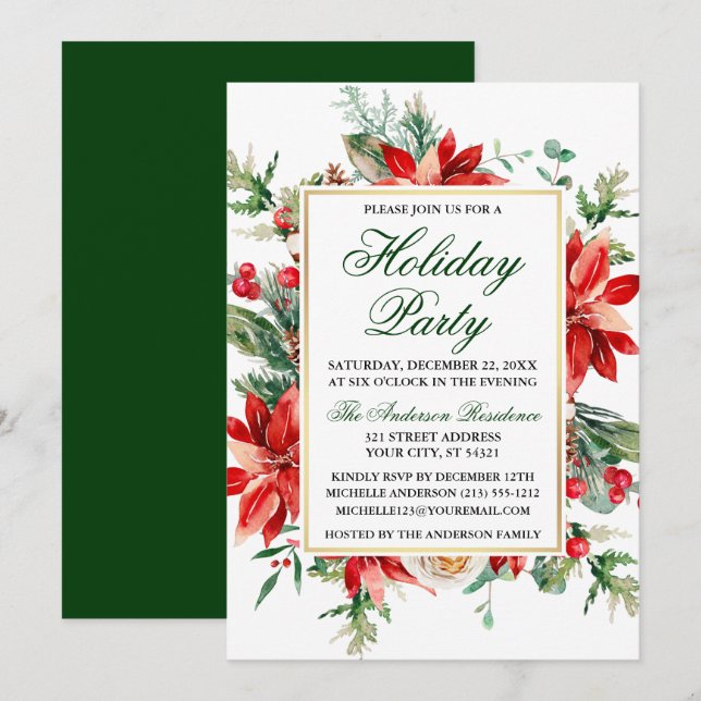 Invitation Aquarelle Poinsettia Floral Vert Fête (Devant / Derrière)
