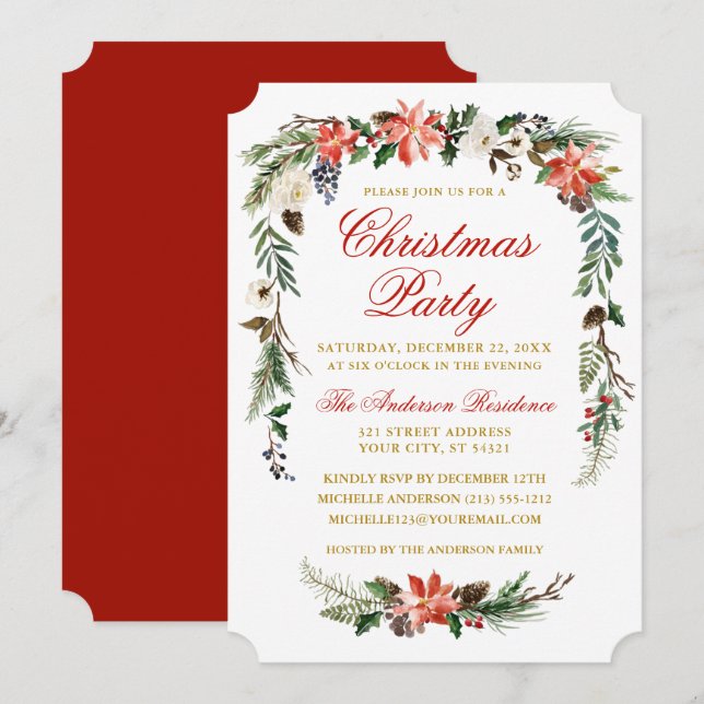 Invitation Aquarelle Poinsettia Gold Red Christmas Party (Devant / Derrière)