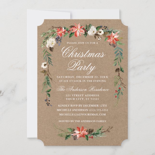 Invitation Aquarelle Poinsettia Kraft fête de Noël (Devant)