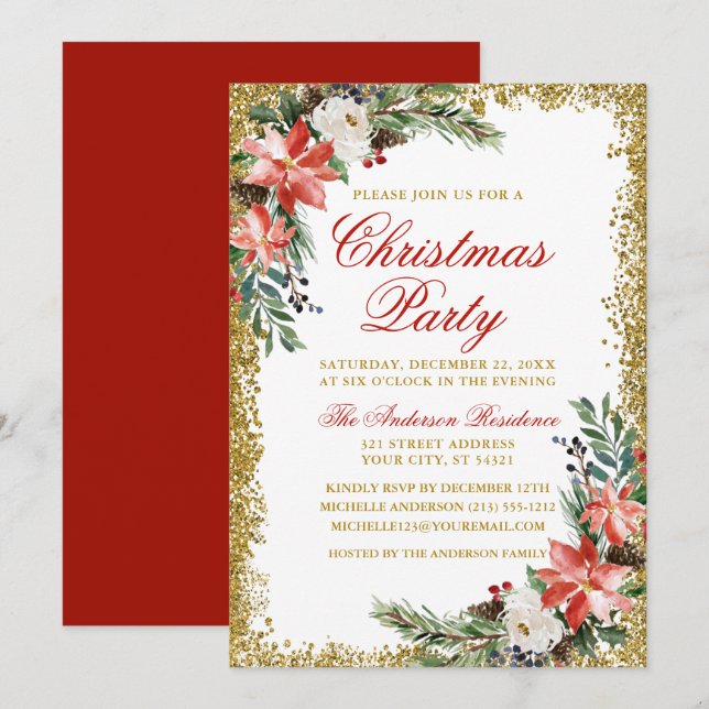 Invitation Aquarelle Poinsettia Noël Parties scintillant Roug (Devant / Derrière)