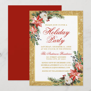 Invitation Aquarelle Poinsettia Parties scintillant Fête Roug