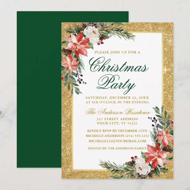 Invitation Aquarelle Poinsettia Parties scintillant Noël (Devant / Derrière)