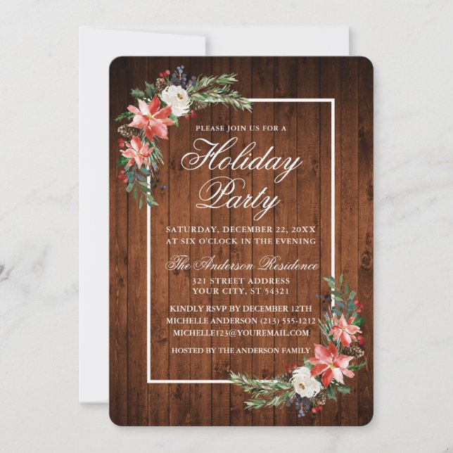 Invitation Aquarelle Poinsettia Russe Bois Fête (Devant)