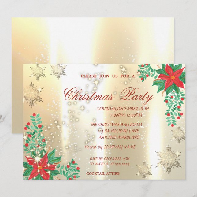 Invitation Aquarelle Poinsettia Snowflakes Noël (Devant / Derrière)
