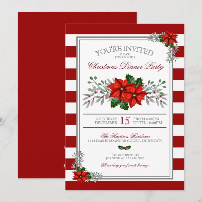 Invitation Aquarelle Poinsettia Soirée de Noël (Devant / Derrière)