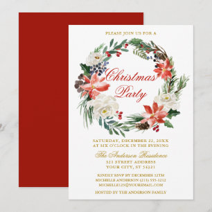 Invitation Aquarelle Poinsettia Wreath Red Christmas Party