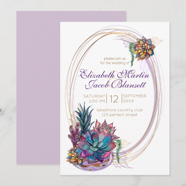 Invitation Aquarelle pointillée Succulente, Mariage violet (Devant / Derrière)