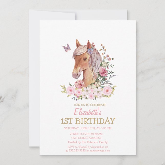 Invitation Aquarelle Pony Floral rayé Anniversaire (Devant)
