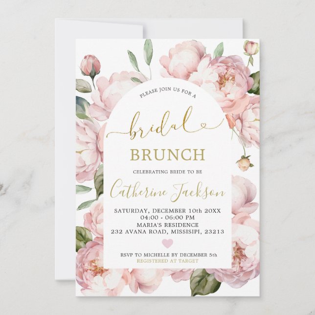 Invitation Aquarelle Pony Or Rose Poney Floral Bridal Brunch (Devant)