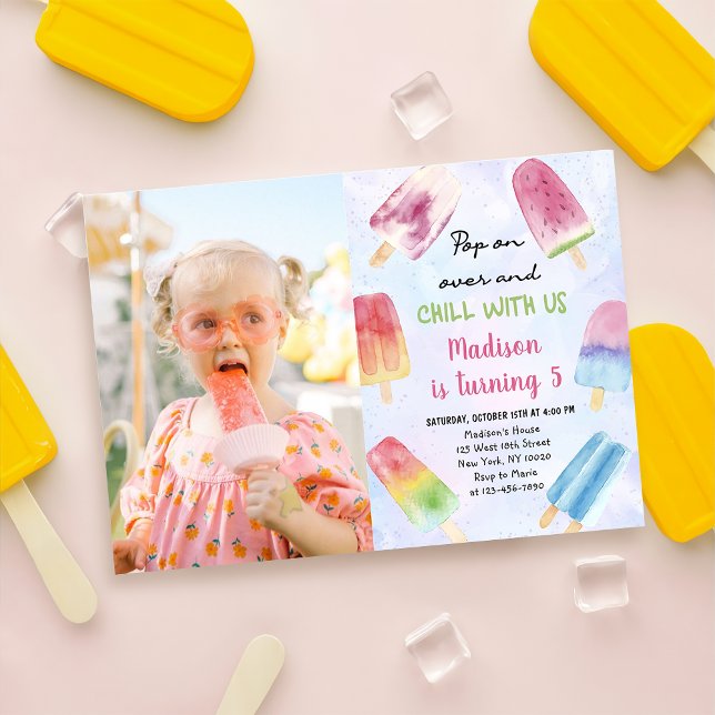 Invitation Aquarelle Popsicle Pop Sur Photo Anniversaire (Créateur téléchargé)