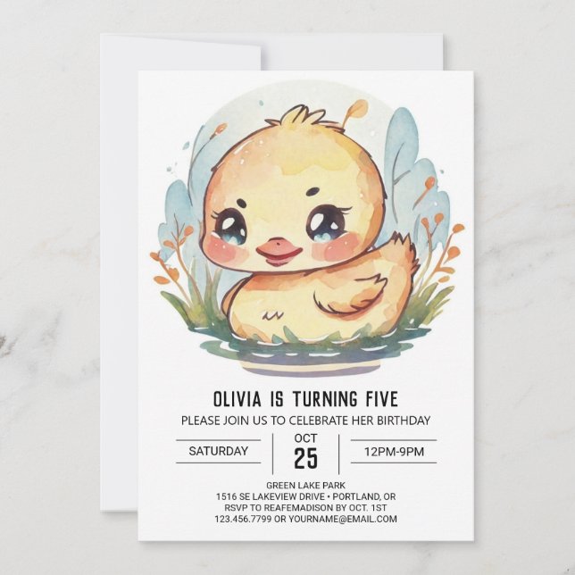 Invitation Aquarelle pour enfants canard à étang Anniversaire (Devant)