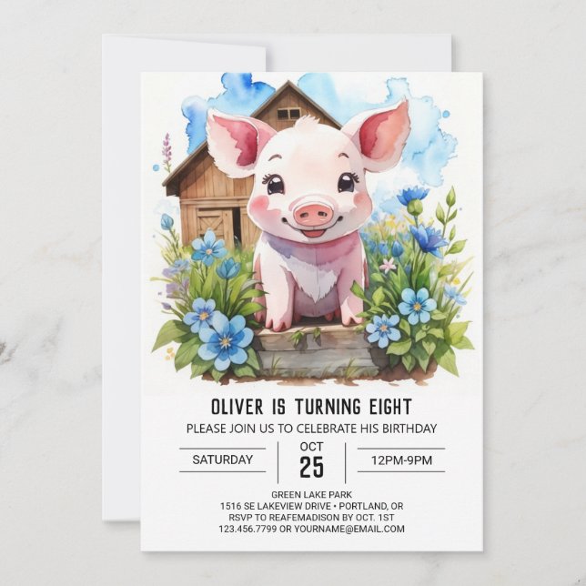 Invitation Aquarelle pour enfants Cochon de Virginie (Devant)