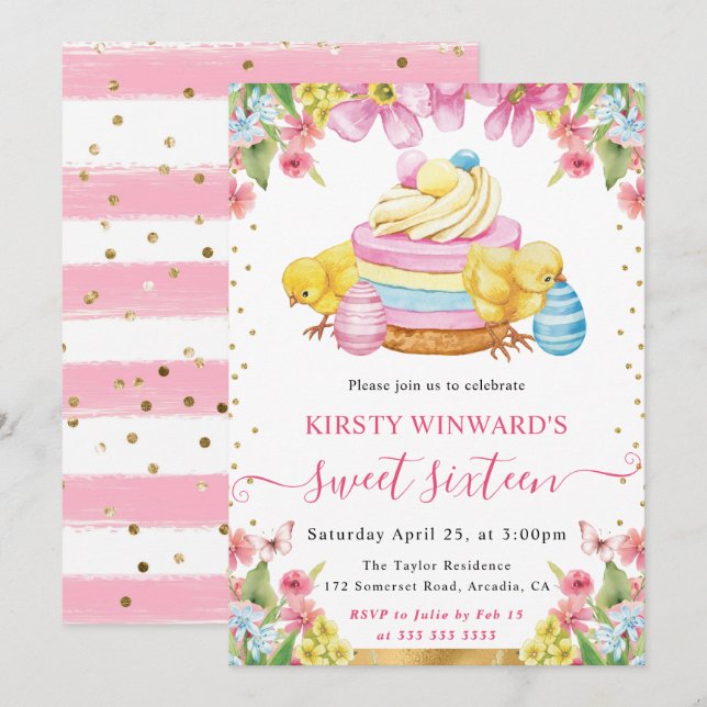 Invitation Aquarelle Poussins de Pâques et Gâteau Printemps S (Devant / Derrière)