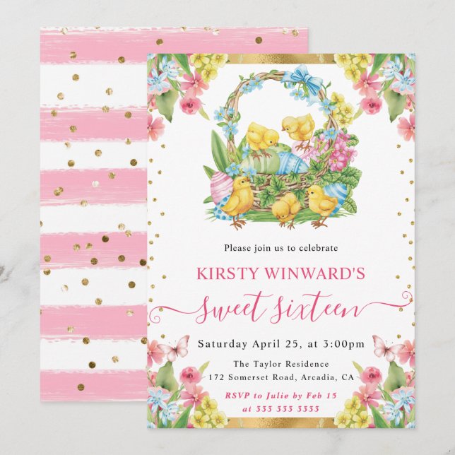 Invitation Aquarelle Poussins de Pâques et oeufs Printemps do (Devant / Derrière)