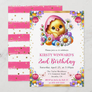 Invitation Aquarelle Poussins de Pâques Fleurs printanières A
