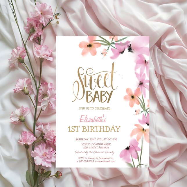 Invitation Aquarelle Pré rose Boho Fleurs Anniversaire (Créateur téléchargé)