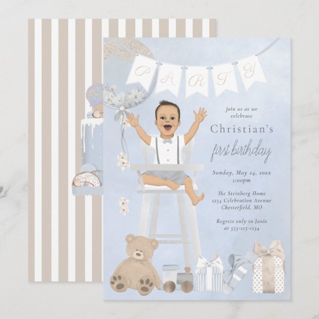 Invitation Aquarelle Premier anniversaire bébé en chaise haut (Devant / Derrière)
