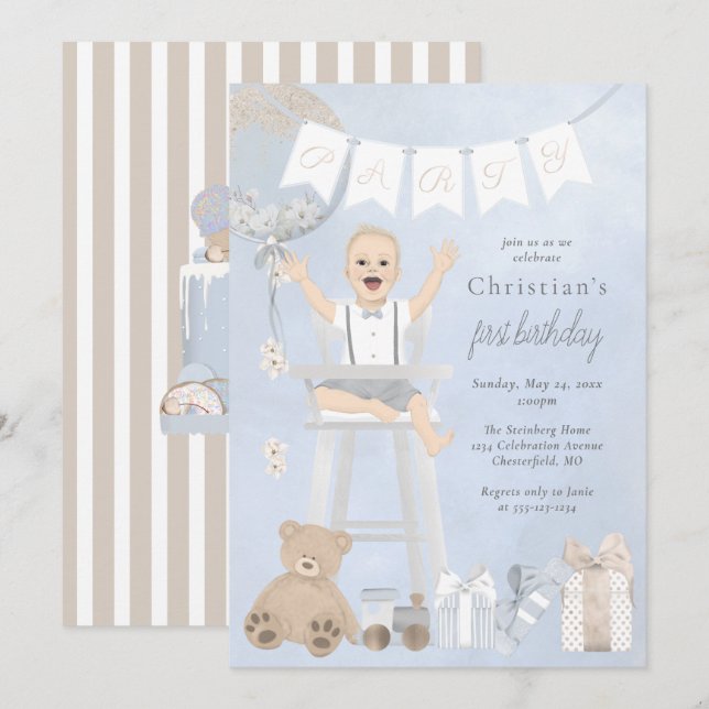 Invitation Aquarelle Premier anniversaire bébé en chaise haut (Devant / Derrière)