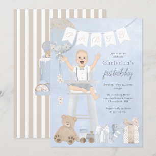 Invitation Aquarelle Premier anniversaire bébé en chaise haut
