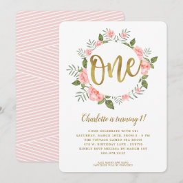 Invitation Aquarelle Premier anniversaire Or et rose Floral