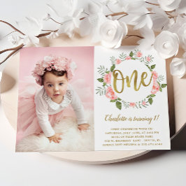 Invitation Aquarelle Premier anniversaire Or et rose Floral