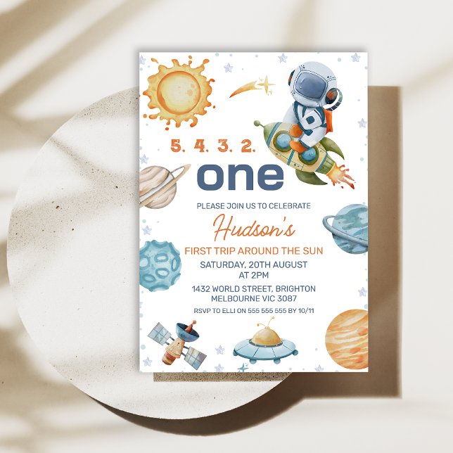 Invitation Aquarelle Premier voyage autour du soleil 1er anni (Editable First Trip Around the Sun Birthday Invitation Boy 1st Birthday Space Birthday Download )