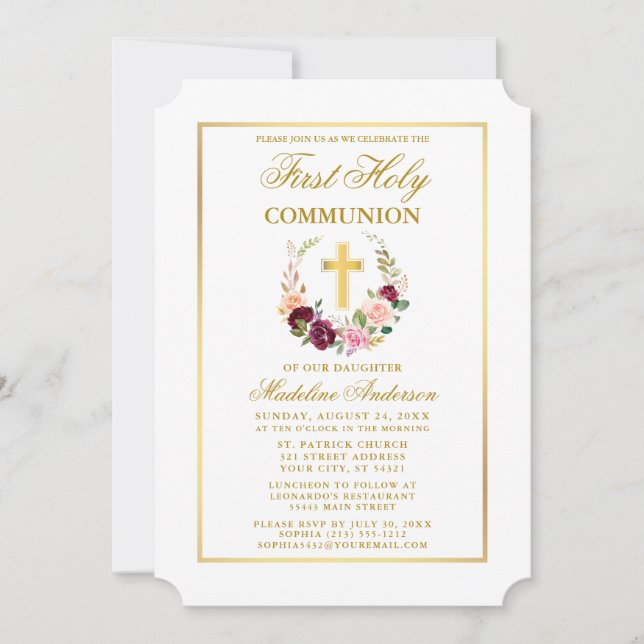 Invitation Aquarelle Première communion de la couronne floral (Devant)
