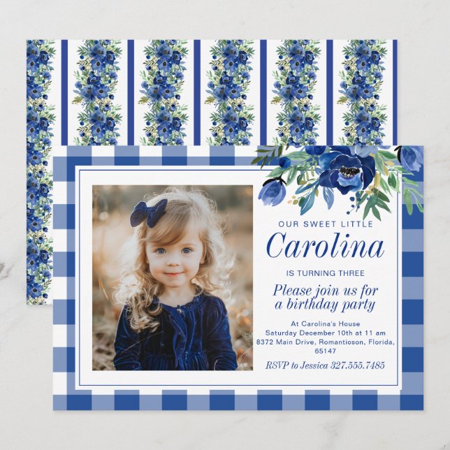 Invitation Aquarelle Prépa Fleurs Bleu Marine Gingham (Devant / Derrière)