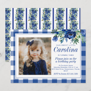 Invitation Aquarelle Preppy Marine Florals En vichy