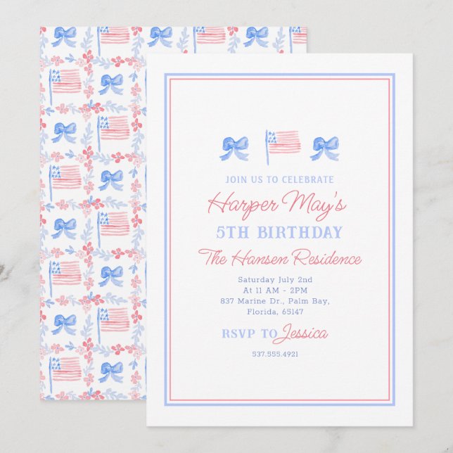 Invitation Aquarelle Preppy Patriotic 4 juillet modifiable (Devant / Derrière)