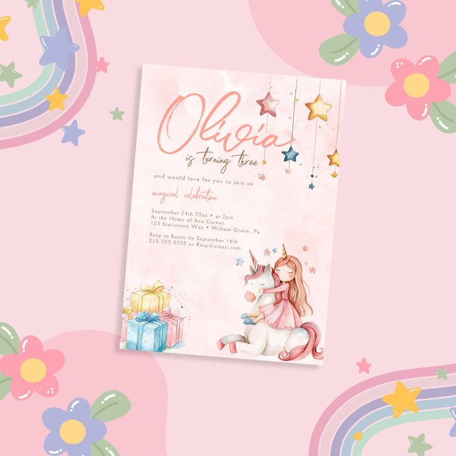 Invitation Aquarelle Princesse avec Unicorn Anniversaire (Créateur téléchargé)