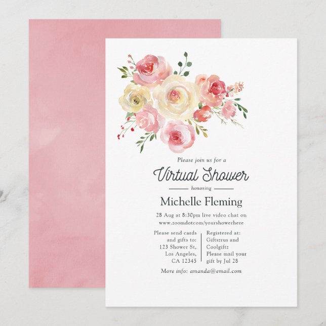 Invitation Aquarelle printanière Floral Douche virtuelle (Devant / Derrière)