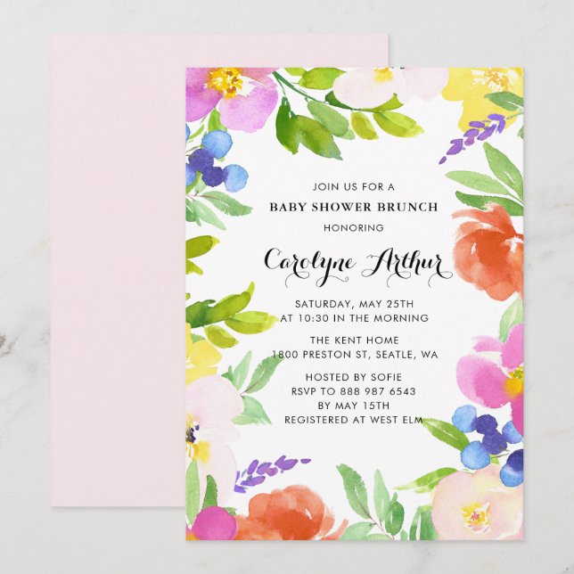 Invitation Aquarelle Printemps Fleurs Baby shower Brunch (Devant / Derrière)