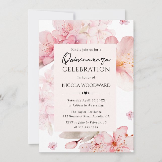 Invitation Aquarelle Printemps Fleurs de cerisiers Quinceaner (Devant)