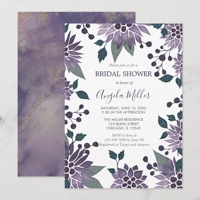 Invitation Aquarelle Purple Bling Floral Frame Fête des marié (Devant / Derrière)