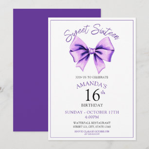 Invitation Aquarelle Purple Bow Sweet 16 Anniversaire