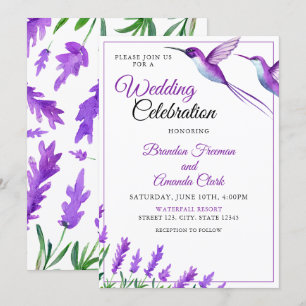 Invitation Aquarelle Purple Chic Floral Hummingbird Mariage