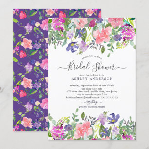 Invitation Aquarelle Purple & Fête des mariées Florale Rose