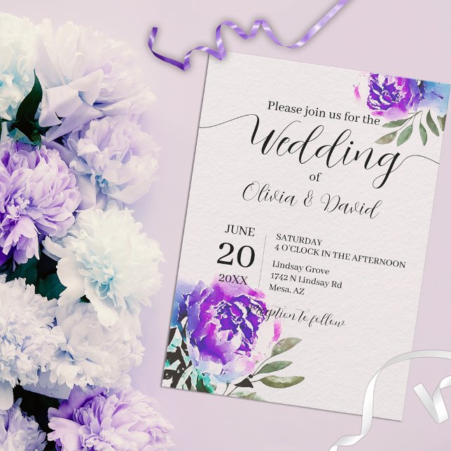 Invitation Aquarelle Purple Fleurs Et Mariage De Foliage (Créateur téléchargé)