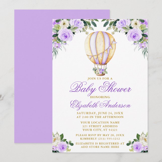 Invitation Aquarelle Purple Floral Air Baby shower (Devant / Derrière)