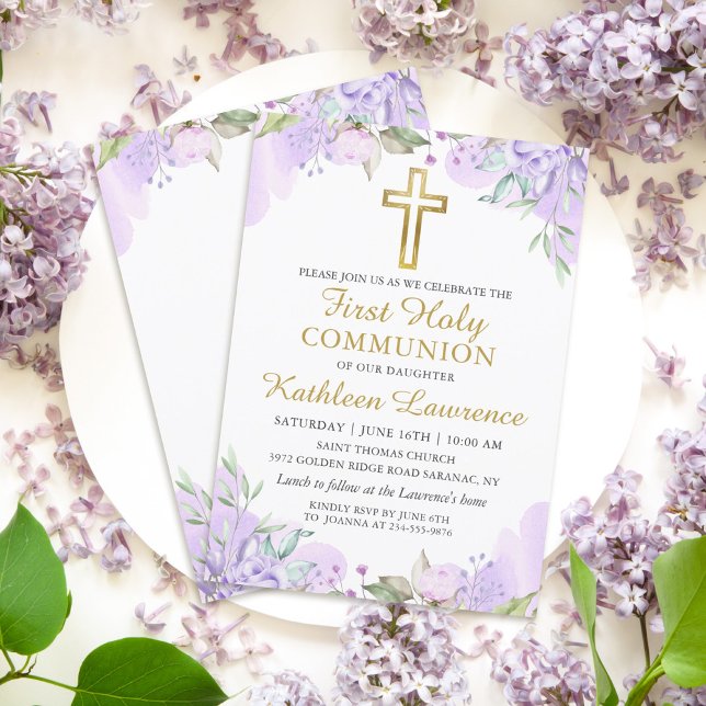 Invitation Aquarelle Purple Floral Girl Première Sainte Commu (Créateur téléchargé)