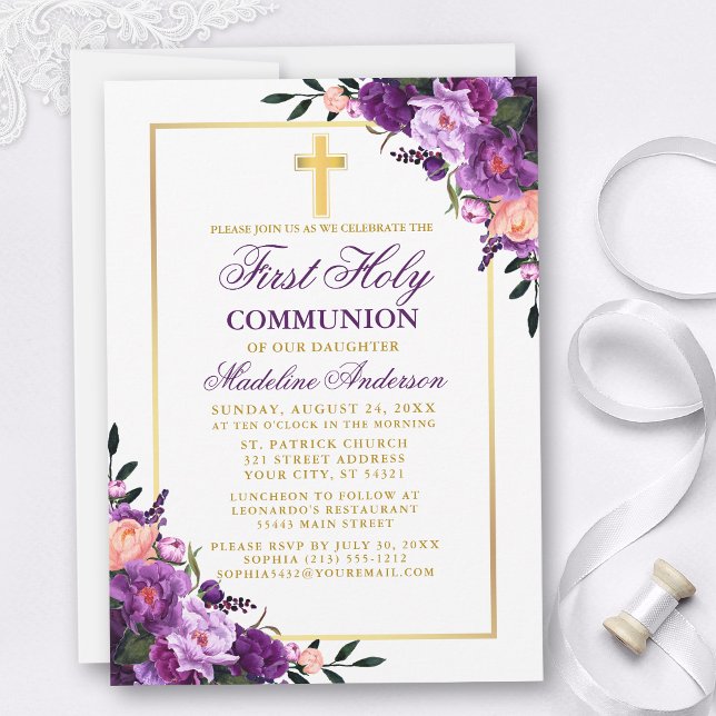 Invitation Aquarelle Purple Floral Gold Première Communion (Customize to change text color, style, size or to add text to back of card.)