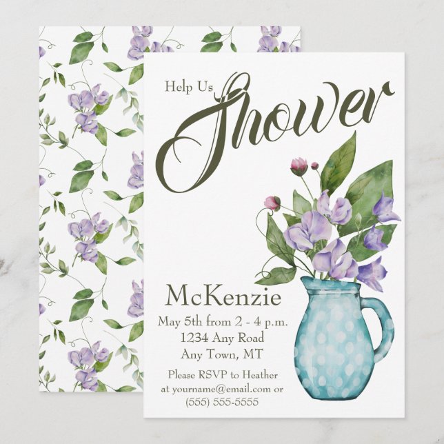 Invitation Aquarelle Purple Floral Pois doux Baby shower (Devant / Derrière)